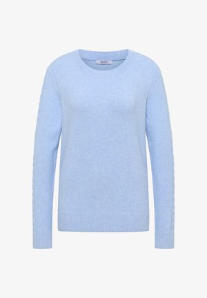 Světle modrý svetr s kulatým výstřihem, žebrovanými manžetami a detailním pleteným vzorem na rukávech. Měkká textura, ležérní design.