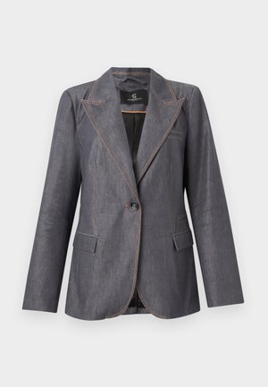 Hall hall ühe nupuga bleiser sälkidega kraega, kahe ees oleva vahepõhiga taskuga ja kontrastse oranži õmblusega, esitletud neutraalsel taustal.