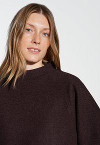 Felpa in pile borgogna con collo alto, texture morbida e maniche raglan. Presenta una vestibilità rilassata e un dettaglio di cucitura minimale.