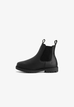 Schwarze Leder Chelsea-Boots mit elastischen Seitenpaneelen, Zuglaschen vorne und hinten sowie einer Profilsohle für besseren Halt.