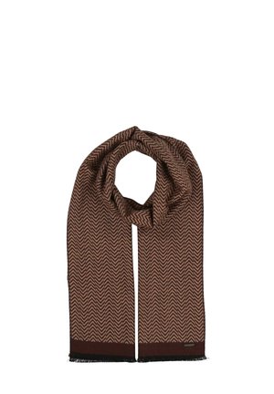 Brown woven scarf featuring a herringbone pattern, with fringed edges and a dark accent band at the bottom. Soft texture.