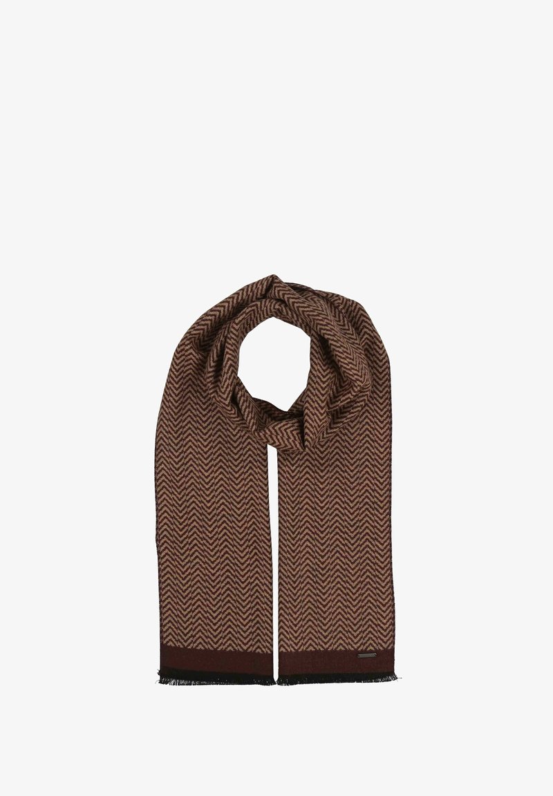 Écharpe tissée marron avec un motif en chevrons, bordée de franges et ornée d'une bande d'accent sombre en bas. Texture douce.