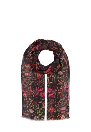 Blumen-Schal aus leichtem, translucidem Stoff, mit lebhaften rosa, grünen und orangefarbenen Blüten auf schwarzem Hintergrund, mit fransigen Kanten.