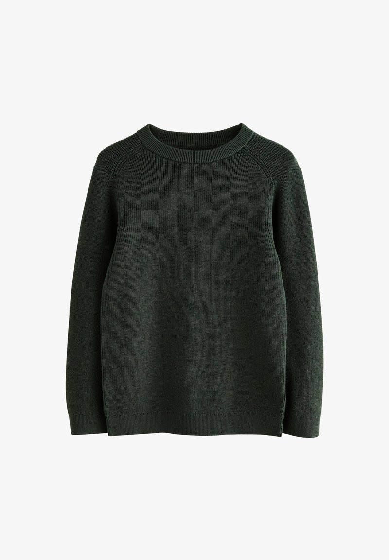 Jersey de punto color verde oscuro con cuello redondo, mangas largas y puños, dobladillo y cuello con canalé, mostrado sobre fondo blanco.
