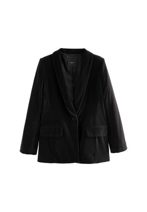 Černý sametový blazer s šálovým límcem, zapínáním na jeden knoflík a předními klopovými kapsami, vystavený na bílém pozadí.