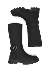 Mustad põlveni ulatuvad saapad, mis on valmistatud siledast materjalist ja millel on paks tald. Omavad külgmist luku, südamekujulist pandlat ja tugevdustega õmblusi.