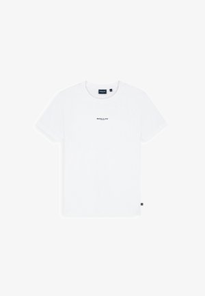 Witte T-shirt met korte mouwen en ronde hals met klein zwart "BALLIN"-logo in het midden van de borst en een zwart label op de zijnaden.