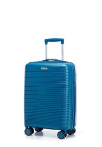 Blue hard-shell luggage with vertical stripes, telescopic handle, four wheels, and a zipper closure. Features a metal logo accent.