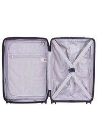 Black suitcase with a zipper, featuring a gray interior, one mesh pocket, and adjustable cross straps for securing contents.