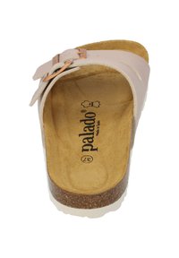 Rosa lädersandaler med korkfotbädd, justerbar spänne och texturerad innersula, med "palado"-logotyp och ljusfärgad sula.