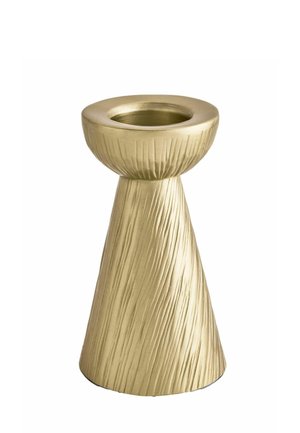 Goldfarbener, strukturierter Metallkerzenhalter mit breiter, runder Oberseite und einer konischen Basis, die sich oben verjüngt.