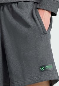 Šedé sportovní kraťasy z měkké tkaniny, s bočními kapsami a zelenou štítkovou nášivkou pro tým AMG Petronas Formula One.