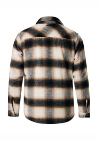 Camicia in flanella con motivo a quadri nei colori nero, bianco e ruggine; polsini con bottoni e colletto; texture morbida con un design a vestibilità rilassata.