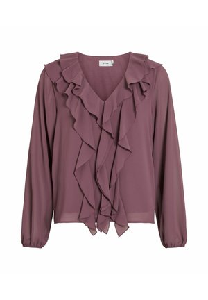 Šviesiai purpurinė palaidinė iš lengvos medžiagos, su V formos iškirpte, ilgomis rankovėmis ir raukiniais priekyje. Lašėjo siluetas su elastinėmis rankogaliais.