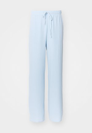 Pantaloni larghi di un blu chiaro, con vita elasticizzata e coulisse regolabile; realizzati in tessuto morbido e traspirante, presentano una texture liscia.