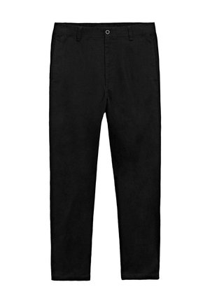 Zwarte rechte broek met knoopsluiting, riemlussen en zijzakken, plat neergelegd op een witte achtergrond.