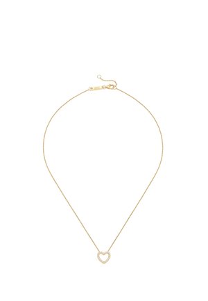 Delicate gold chain necklace with a small open heart-shaped pendant encrusted with tiny clear stones.