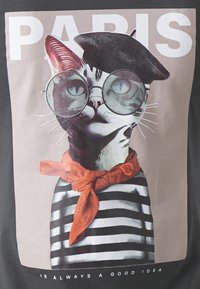 Grafisk t-skjorte med en katt i briller og baret, iført et rødt bandana og rutete skjorte, med ordet "PARIS" over.