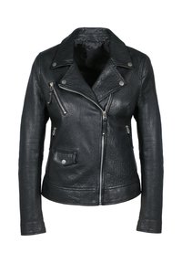 Schwarze Leder-Motorradjacke mit strukturiertem Finish, asymmetrischem Frontreißverschluss und silbernen Hardware-Akzenten. Verfügt über Reißverschlusstaschen für zusätzlichen Stauraum.