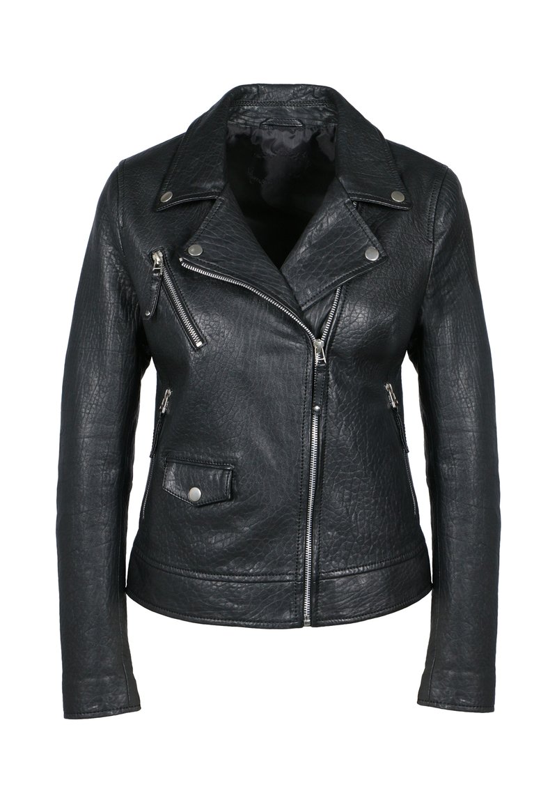 Schwarze Leder-Motorradjacke mit strukturiertem Finish, asymmetrischem Frontreißverschluss und silbernen Hardware-Akzenten. Verfügt über Reißverschlusstaschen für zusätzlichen Stauraum.