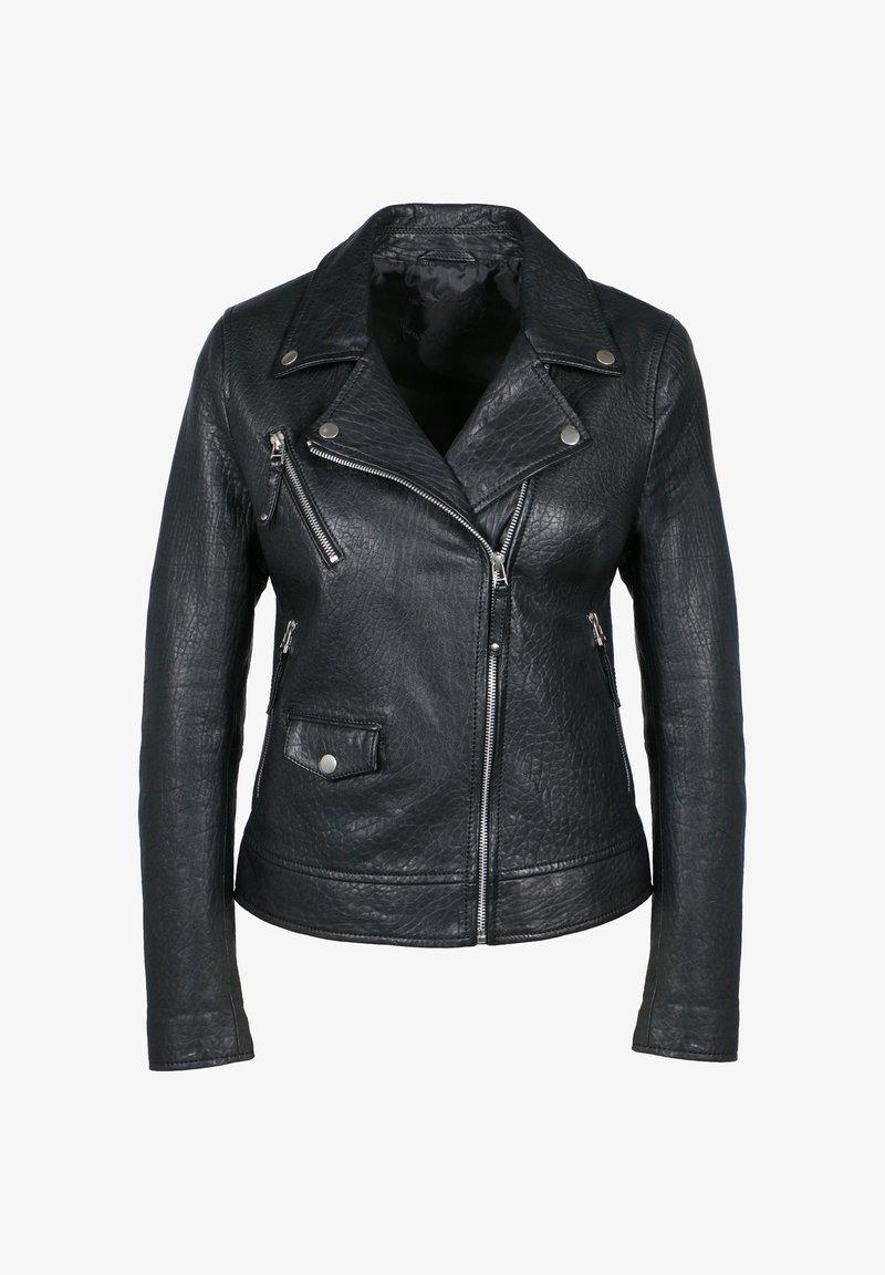 Zwarte leren motorjack met een gestructureerde afwerking, asymmetrische rits en meerdere ritszakken. Heeft een ingesneden kraag en drukknopen.