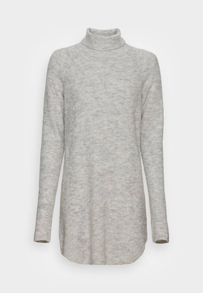 Light grey, long-sleeve, ribbed knit turtleneck sweater with a slightly loose fit and soft textured fabric.