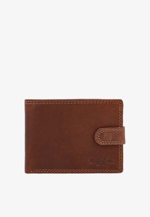 Portafoglio in pelle marrone con bordi cuciti e linguetta di chiusura a scatto, embossato con un logo di marca sottile nell'angolo inferiore destro.