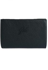 Portafoglio in pelle nera con superficie testurizzata, dotato di logo del marchio impresso sul davanti e design pieghevole.