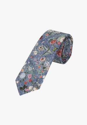 Floral-patterned tie in blue fabric, featuring various colored flowers and butterflies, finished in a rolled design.