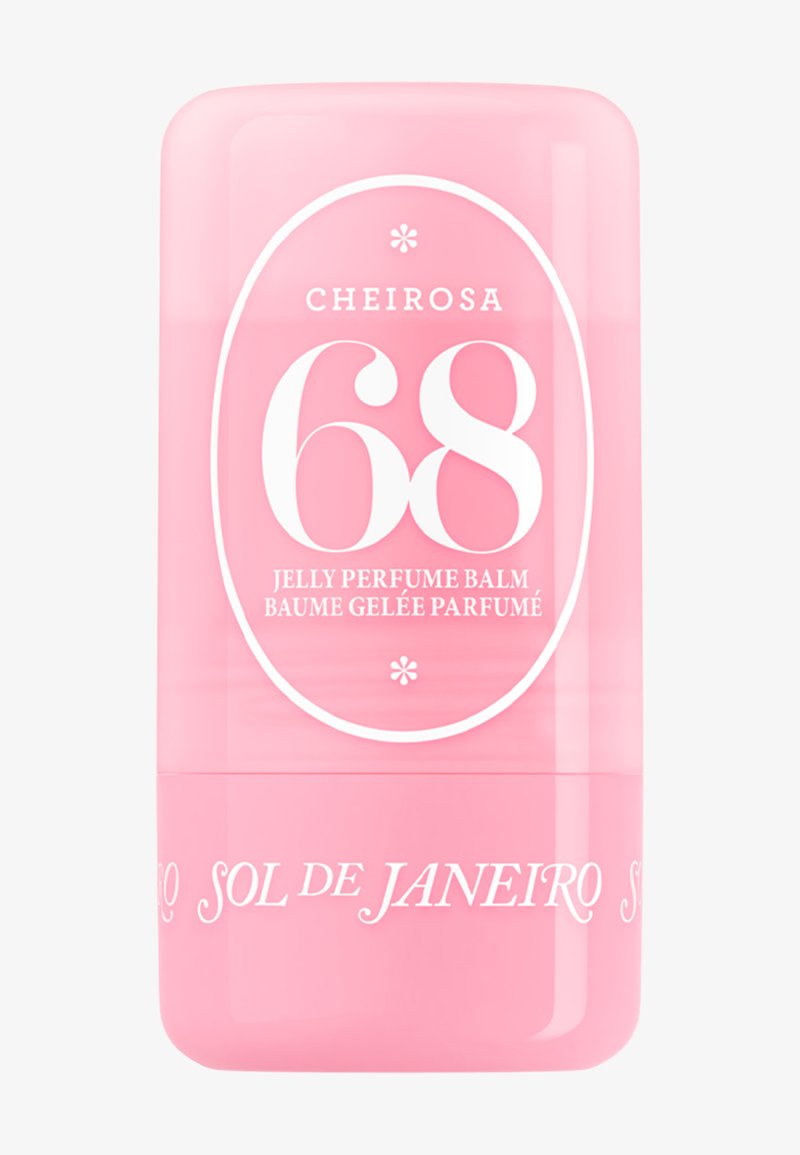 Zylindrischer pinker Behälter des Sol de Janeiro Cheirosa 68 Gel-Parfüm-Balsams mit weißem Text und dekorativen Elementen.