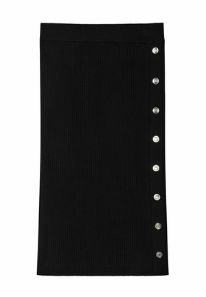 Gonna a matita nera a coste con una cintura liscia e bottoni a pressione argentati lungo un lato. Il tessuto è elastico e aderente.