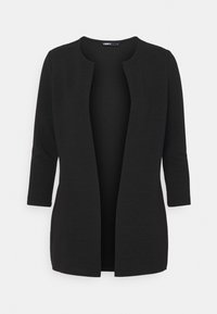 Svart öppet fram cardigan gjort av textilier med struktur, med trekvartslånga ärmar och en minimalistisk design utan knappar eller accenter.