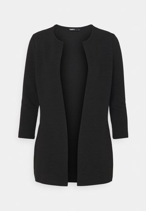 Cardigan noir ouvert à l'avant, fabriqué en tissu texturé, avec des manches trois-quarts et un design minimaliste sans boutons ni accents.
