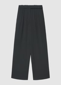 Schwarze, weit geschnittene Hosen mit plisziertem Vorderteil, ausgestaltet mit hoher Taille, Seitentaschen und einem glatten, leichten Stoff.