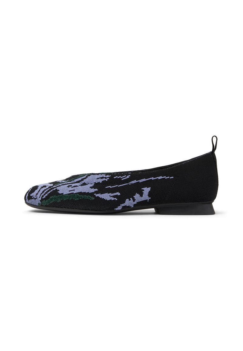 Black flat shoe with intricate floral patterns in purple and green, featuring a low heel and a back tab for easy wear.