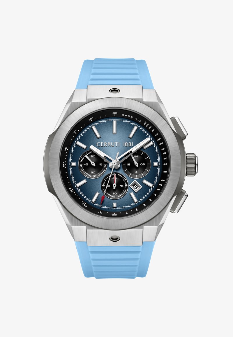 Orologio cronografo argentato con quadrante blu, tre contatori, finestra della data a ore 4 e cinturino in silicone azzurro.