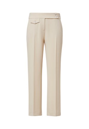 Pantalons taoillés beige avec une finition en tissu lisse, dotés d'une large taille, de poches latérales et de deux boutons décoratifs à l'avant.