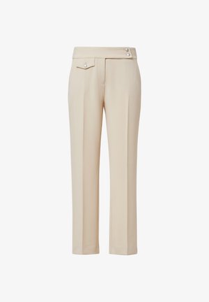 Beige tailored trousers with a smooth fabric finish, featuring a wide waistband, side pockets, and two decorative buttons at the front.