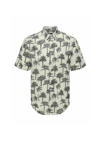 Chemise à manches courtes à boutons de couleur vert clair avec imprimé de palmiers noirs, dotée d'un col et d'un ourlet arrondi. Tissu léger.