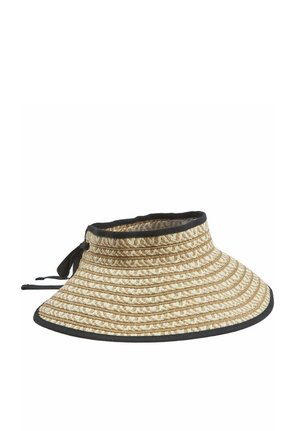 Visiera di paglia a tesa larga con bordatura nera e laccio nero regolabile sul retro per la protezione dal sole.