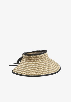 Visiera di paglia a tesa larga con bordatura nera e laccio nero regolabile sul retro per la protezione dal sole.