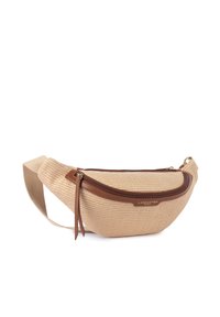Sac ceinture en tissu beige tissé avec garniture en cuir marron, fermeture éclair et sangle réglable, étiqueté "Lancaster Paris".