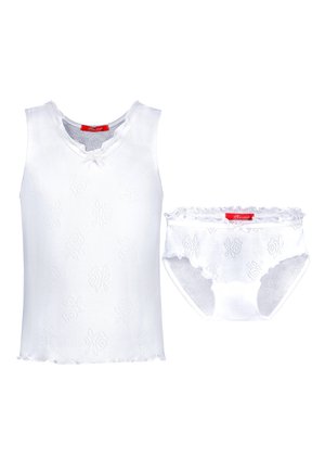 White cotton tank top and underwear set featuring a floral pattern, scalloped edges, and red brand tag. Soft, lightweight fabric.
