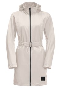 Lichtgewicht, beige regenjas met capuchon, zwarte rits aan de voorkant, verstelbare riem en logo patch aan de onderkant. Glad textuur, knielange ontwerp.