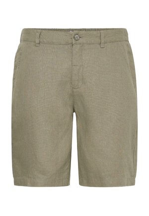 Ανδρικά μπεζ σορτς από μείγμα λινό με κλείσιμο με κουμπί, θηλιές για ζώνη και πλαϊνές τσέπες, εμφανιζόμενα από μπροστά σε λευκό φόντο.