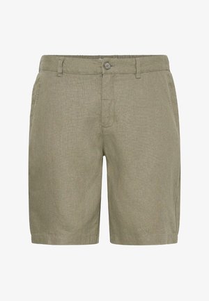 Ανδρικά μπεζ σορτς από μείγμα λινό με κλείσιμο με κουμπί, θηλιές για ζώνη και πλαϊνές τσέπες, εμφανιζόμενα από μπροστά σε λευκό φόντο.