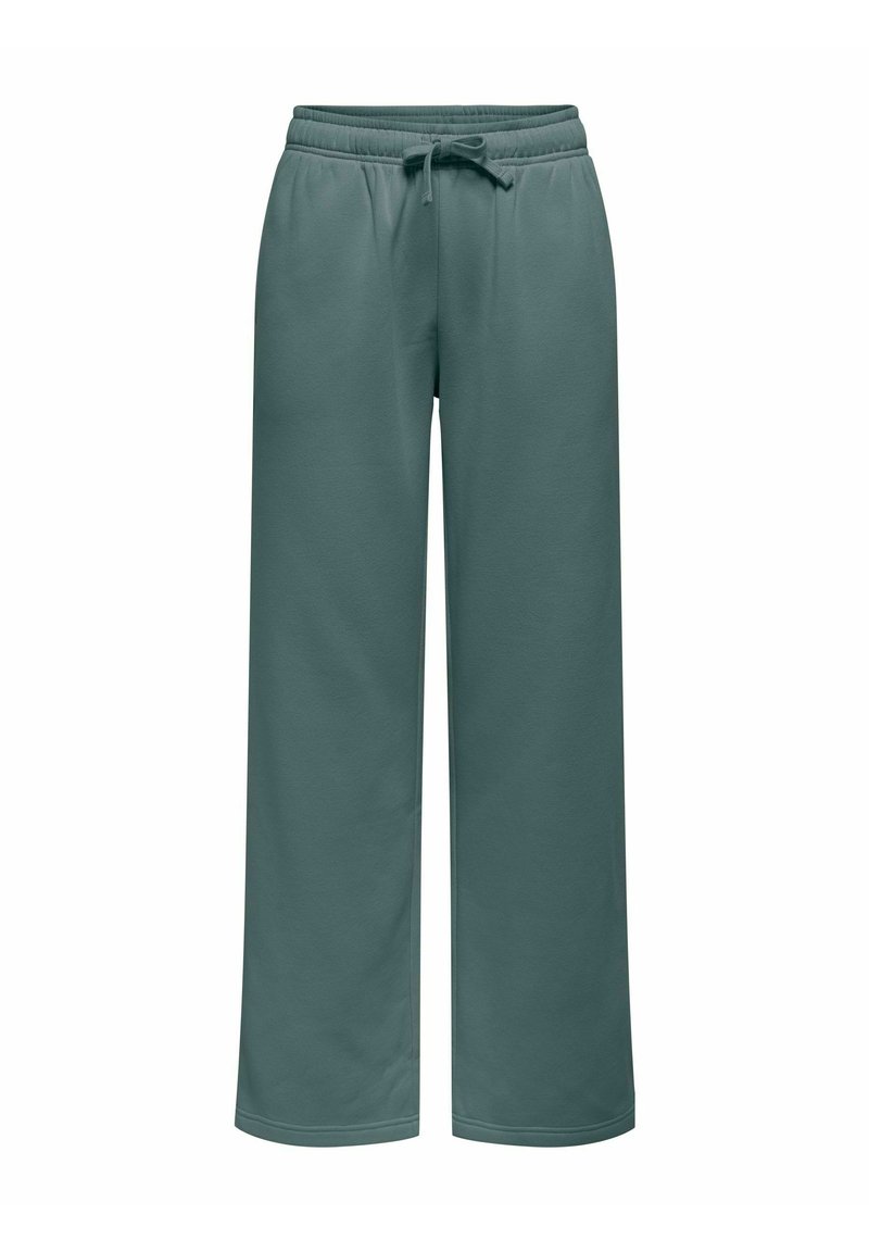 Letvægtige, teal sweatpants lavet af blødt stof. Løs pasform med elastisk talje og snøre for justerbar størrelse.