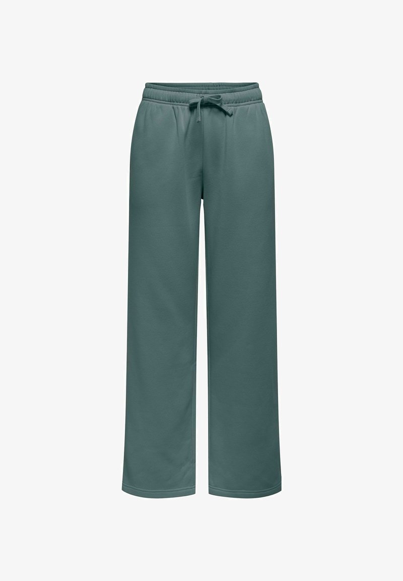 Letvægtige, teal sweatpants lavet af blødt stof. Løs pasform med elastisk talje og snøre for justerbar størrelse.