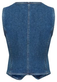 Denim vest, getailleerd model met ronde halslijn, blauwe wassing, zonder mouwen, verticale naad in het midden en split aan de achterkant.