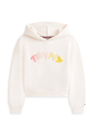 Hanorac scurt de culoarea crem, cu textură moale și cu logo-ul "TOMMY" în culori pastel pe partea din față. Mânșete și tiv cu reiat.